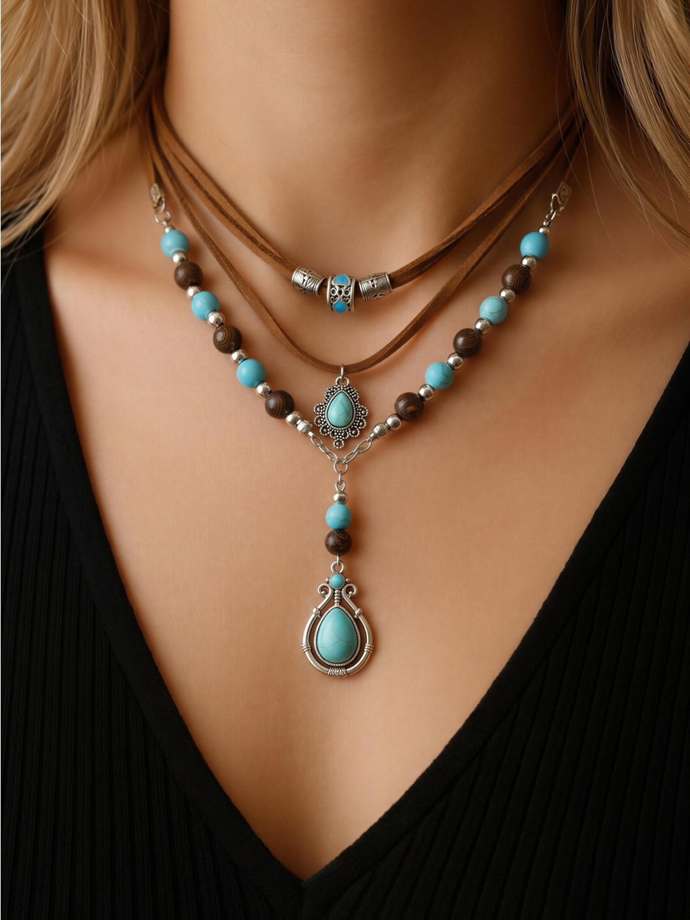Leatherock Turquoise and Brown Layered Teardrop Necklace